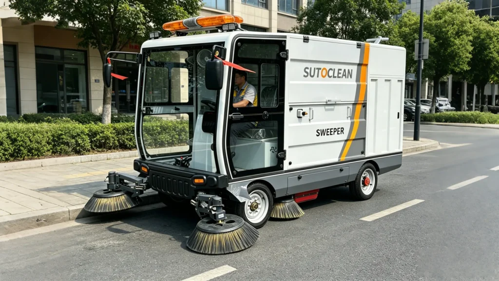 a larger street sweeper is working on the street