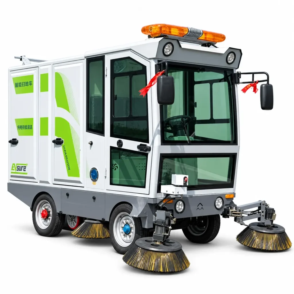 Electric Ride On Road Sweeper cleaning leaves along a European city street with rotating side brushes