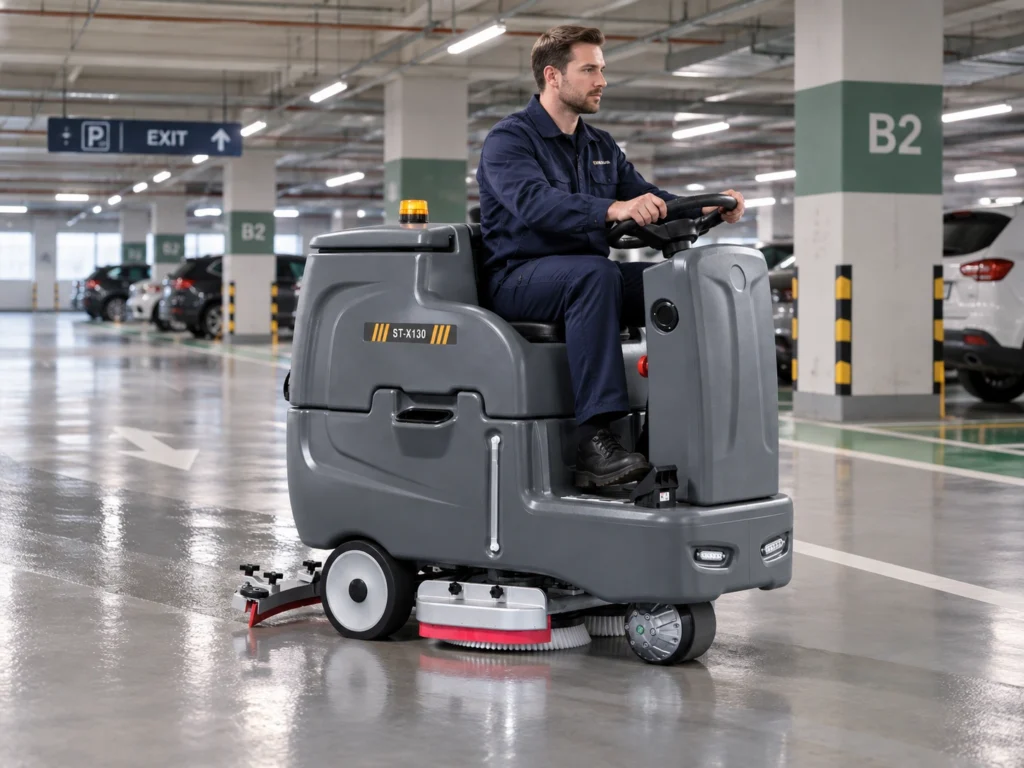 Ride on floor scrubber for Parking Garages