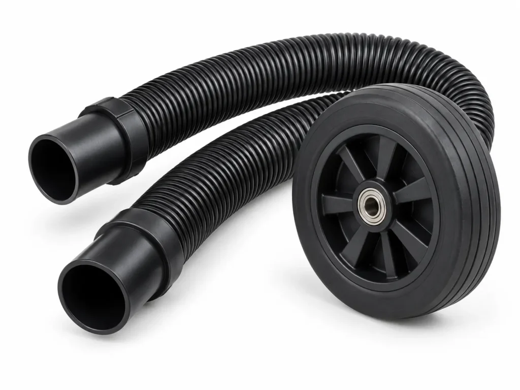 Corrugated hoses and replacement wheel for floor cleaning machines