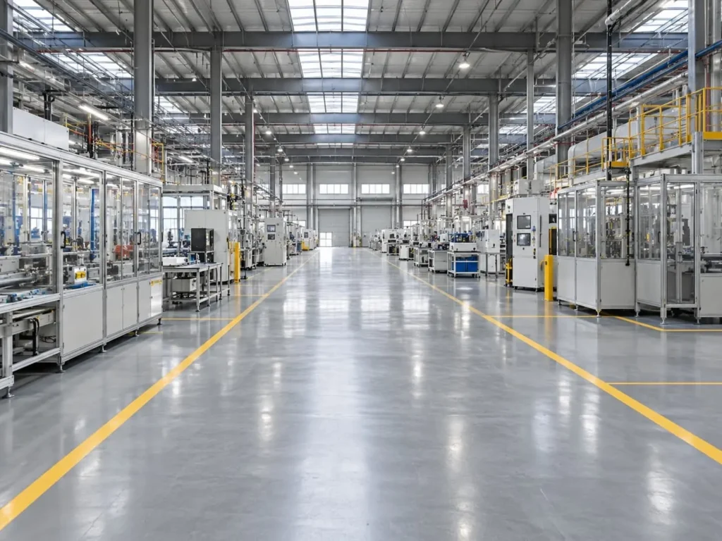 Industrial factory with production lines and marked floor walkways