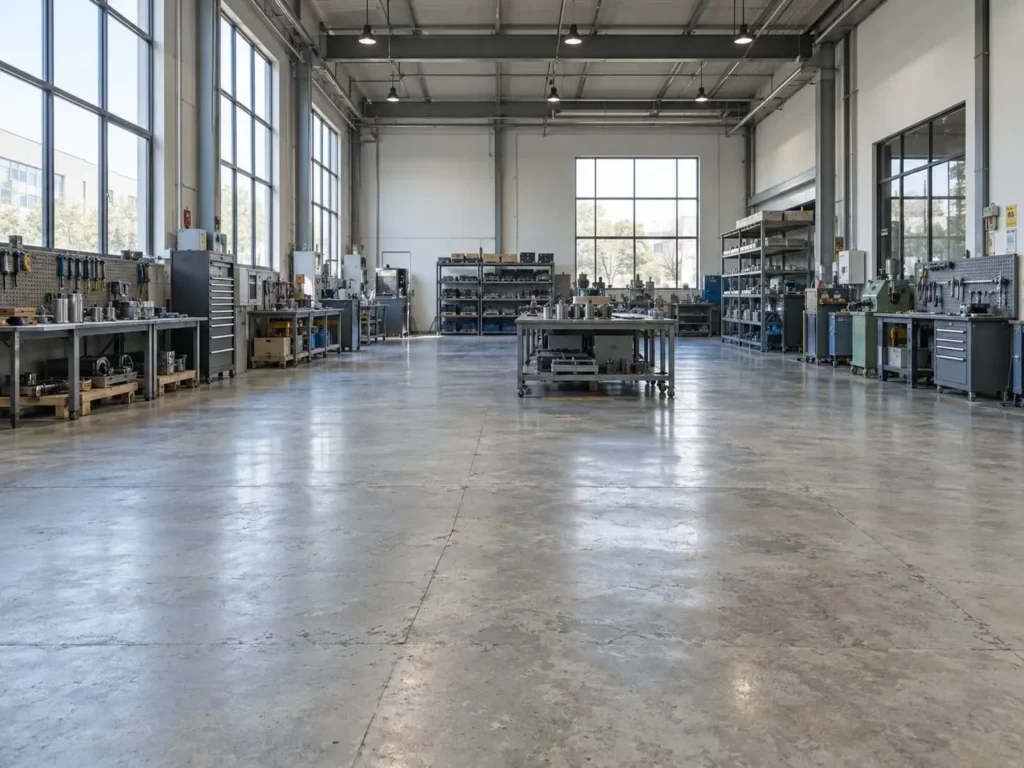 Industrial workshop with workbenches, tool storage and concrete flooring