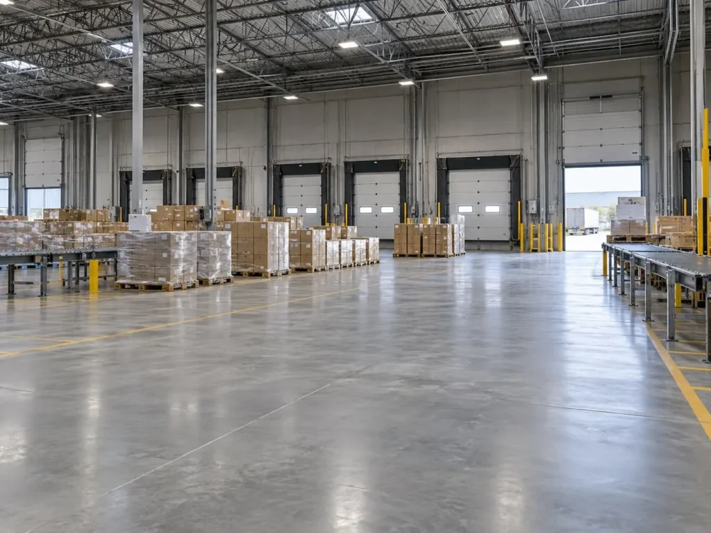 Logistics center with loading docks, palletized goods and open floor space
