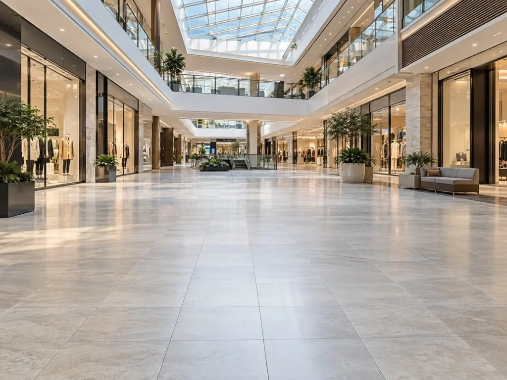 Modern shopping mall with a spacious tiled concourse and retail storefronts