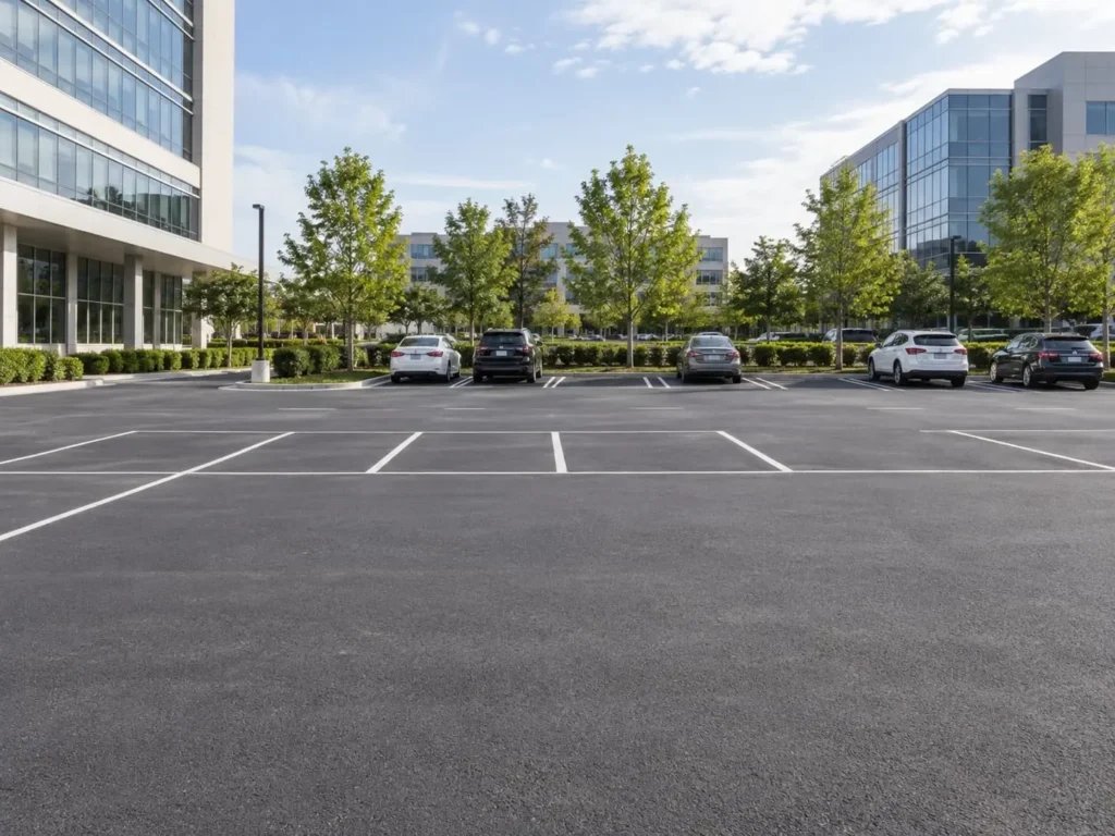 Outdoor commercial parking lot with marked spaces and office buildings