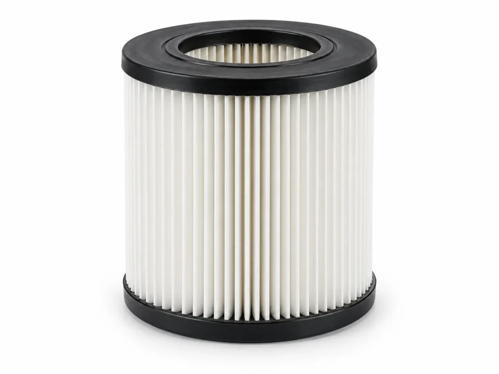 Pleated cylindrical dust filter for floor sweepers