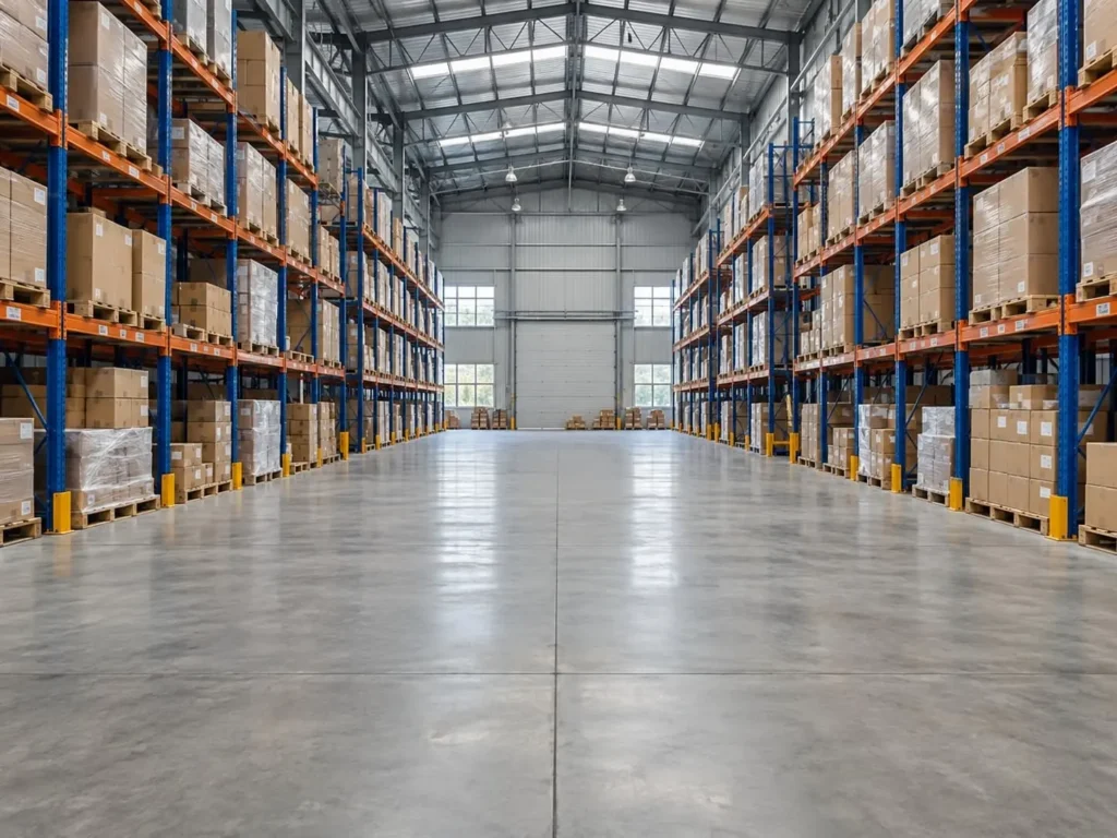 Warehouse interior with pallet racks and a wide concrete floor aisle